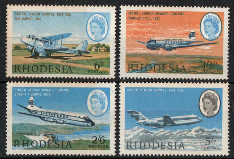 Rhodesia 1966 "20th Anniv of CA Airways" set of 4 umm but some toning. SACC 161-4. Cat R171 (2025)
