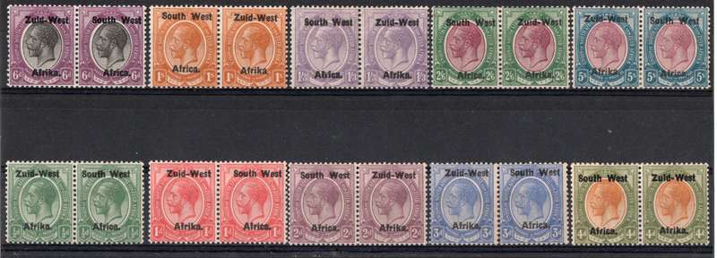 South West Africa 1923 KGV short set of 10 pairs mainly lmm. SACC 1-10. Cat R14820 (2023-25)