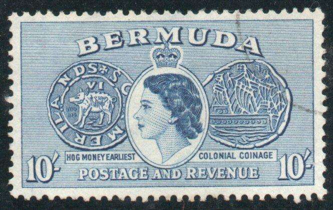Bermuda 1953 Definitive 10/- blue very fine used. SG 149. Cat £9,50 (2022)