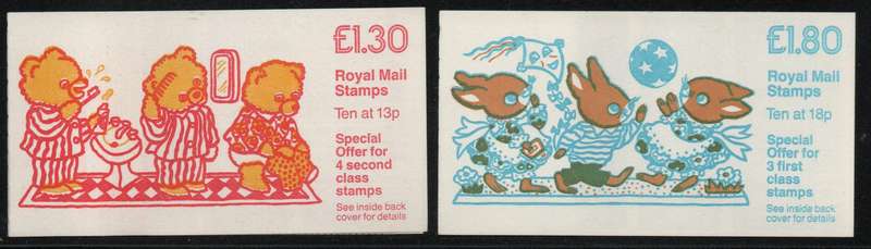 Great Britain 1986 Books for Children £1,30 & £1,80 Booklets umm.  SG FL7A & FU1A. Cat £6,50 (2018)