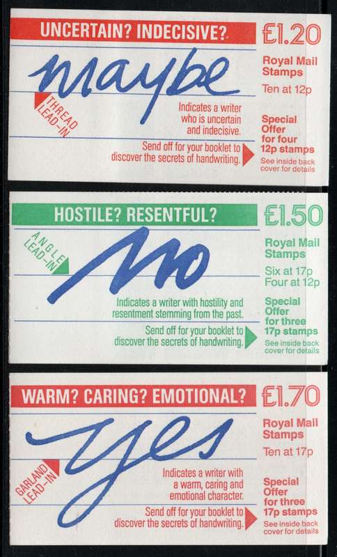 Great Britain 1986 set of 3 Handwriting Booklets unmounted mint. SG FJ6, FP3 & FT7 Cat £11,25 (2018)