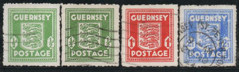 Guernsey 1941-44 War Occupation Issue set of 3 + ½d shade vfu. SG 1, 1d, 2 & 3a. Cat £19 (2022)