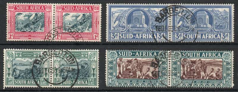 South Africa 1938 Voortrekker Cent Mem Fund set of 4 prs vfu with UHB v3. SACC 75-78 Cat R350 (2025)