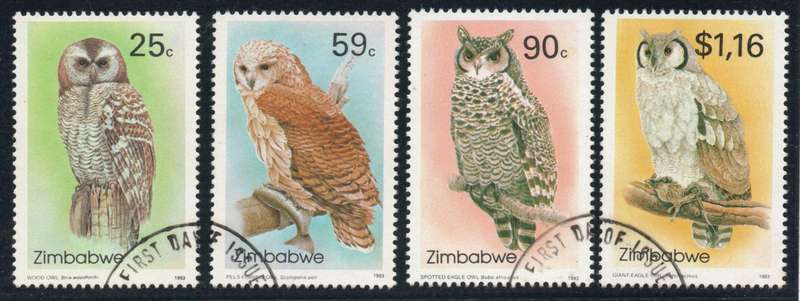 Zimbabwe 1993 Owls set of 4 used. SG 850-853. Cat £11,50 (2013)