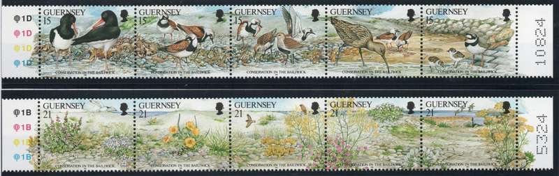 Guernsey 1991 Nature Conservation set of 10 umm in control strips. SG 530-539. Cat £3,50 (2013)