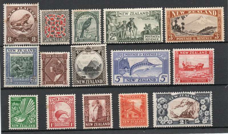 New Zealand 1935-36 Definitive simplified set of 15 mounted mint. SG between 556-590. Cat £50 (2013)