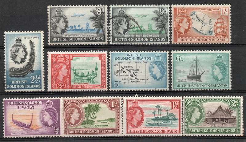 British Solomon Islands 1956 QEII Definitive part set of 11 umm (9d vfu) SG 82-91. Cat £10,10 (2022)
