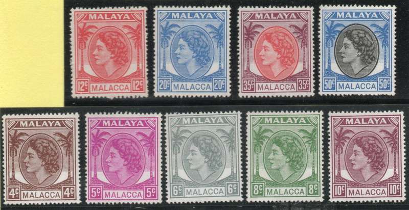 Malaya Malacca 1954-57 QEII Definitive part set of 9 (4c-20c & 35c-50c) umm. Cat £11,95 (2022)