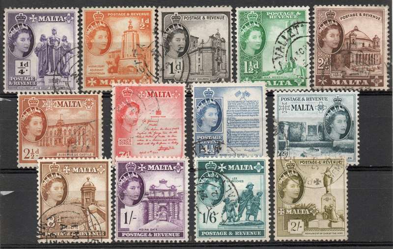 Malta 1956 Definitive part set of 13 very fine used. SG 266-278. Cat £9,30 (2022)