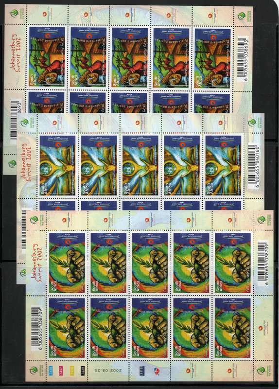 South Africa 2002 World Summit 2nd issue set of 3 full sheets of 10 umm SACC 1495-7. Cat R1200(2025)