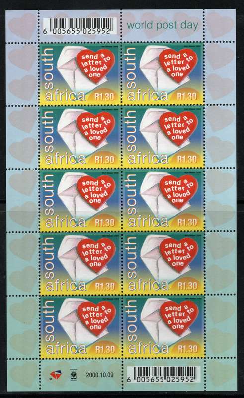 South Africa 2000 World Post Day sheet of 10 unmounted mint. SACC 1289. Cat R150 (2023-25)