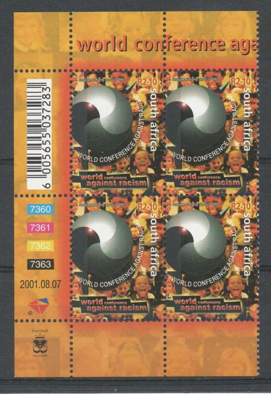 South Africa 2001 World Conference Against Racism control block of 4 umm. SACC 1421. Cat R80 (2025)