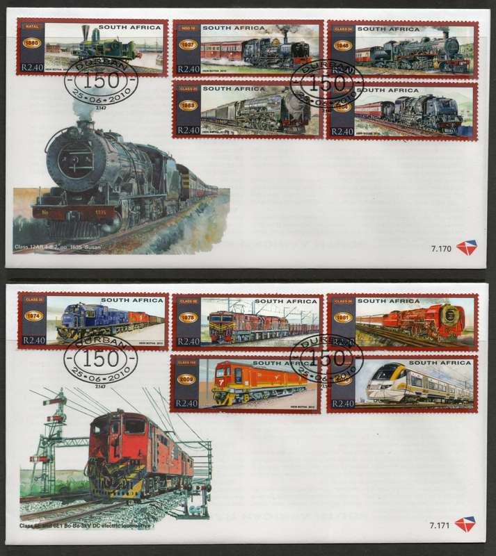 South Africa 2010 Trains set of 10 on 2 FDC's 7.170-7.171. Cat R120 (2023-25)