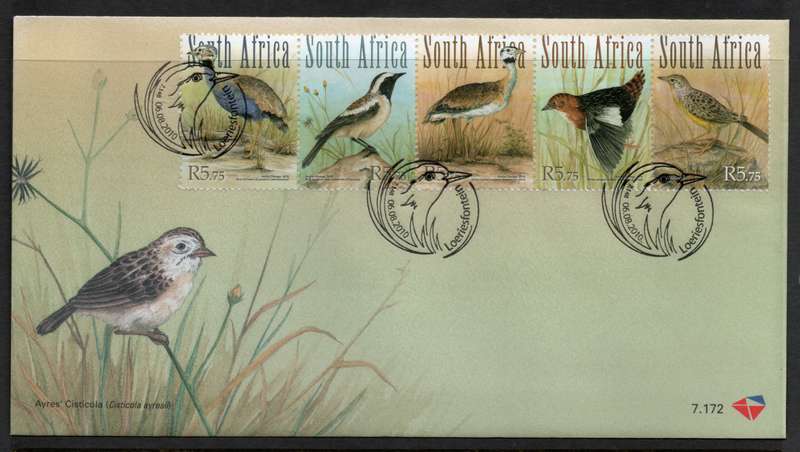 South Africa 2010 Grassland birds set of 5 on FDC 7.172. Cat R95 (2023-25)