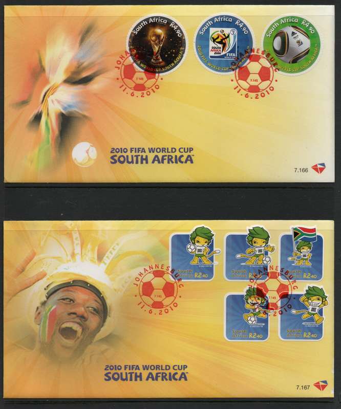 South Africa 2010 FIFA World Cup Soccer 8 stamps on 2 FDC's 7.166-7.167. Cat R190 (2023-25)