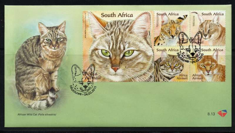 South Africa 2011 African Wild Cats mini sheet on FDC 8.13. SACC 2161-2165. Cat R100 (2023-25)