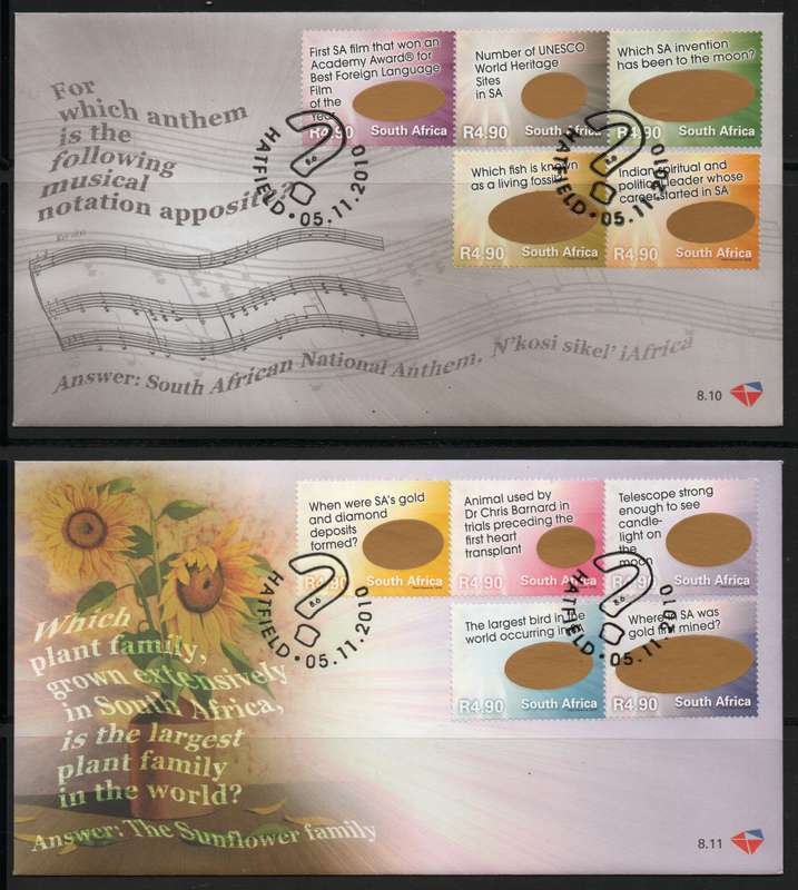 South Africa 2010 SA Quiz set of 10 on 2 FDC's 8.10 & 8.11. SACC 2150-59. Cat R200 (2023-25)