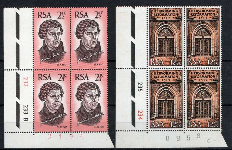 South Africa 1967 "450th Anniv of Reformation" control blocks of 4 umm. SACC 274-5. Cat R132. (2025)