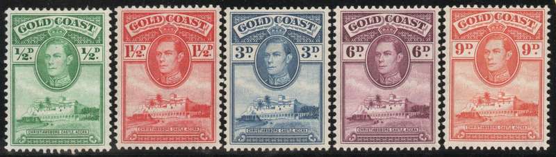 Gold Coast 1938 KGVI Defin part set of 5 mounted mint. SG 120a, 121a, 124a, 126a & 127a. CAT £3,50.