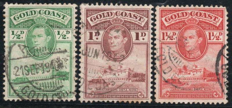 Gold Coast 1938 KGV Definitive ½d-1½d very fine used. SG 120a, 121a & 122a. Cat £1,10 (2022)