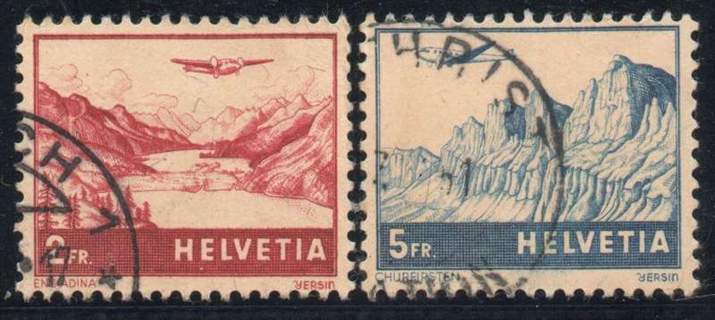 Switzerland 1941 Air 2Fr & 5Fr very fine used. SG 421-422. Cat £28,25 (2013)