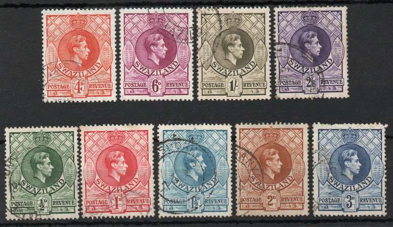 Swaziland 1938 Defin part set of 9 very fine used. SACC 27a, 28a, 29a, 30a, 31b, 32a, 33c, 34 & 35a.