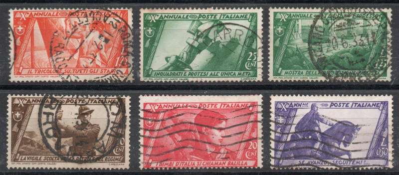 Italy 1932 `10th Anniv of March on Rome`part set of 6 used. SG 351-354, 357 & 362. Cat £7,20 (2013)