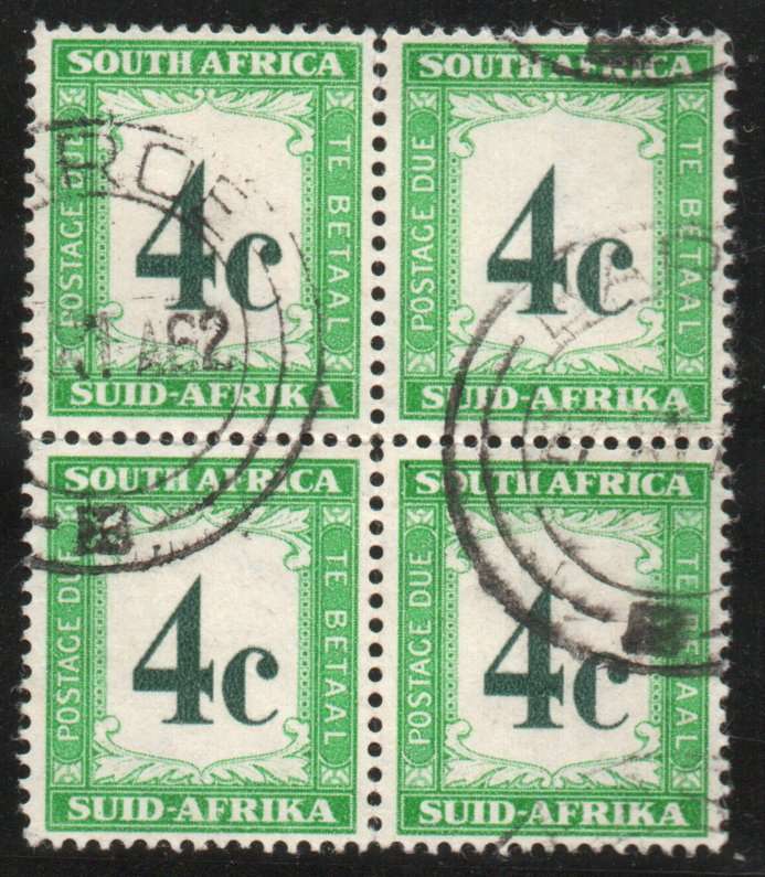 South Africa 1961 Postage Due 4c block of 4 very fine used. SACC 46. Cat R500 (2023-25)
