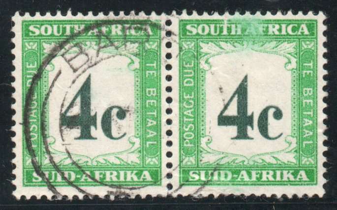 South Africa 1961 Postage Due 4c pair very fine used with ink smudge. SACC 46. Cat R250 (2023-25)