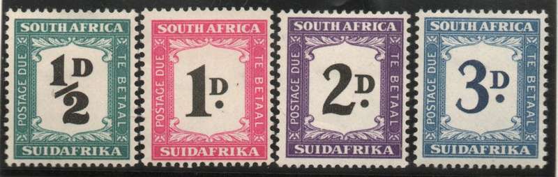 SOUTH AFRICA 1948-49 POSTAGE DUE PART SET OF 4 LMM. SACC 33-36. CAT R1200. (SACC 2023-25)