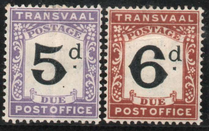Transvaal 1907 Postage Due 6d and 5d lightly mounted mint. SACC 5-6. Cat R220 (2023-25)