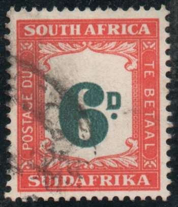 SOUTH AFRICA 1948-49 6d POSTAGE DUE FINE USED. SACC 37. CAT R160. (SACC 2023-25)