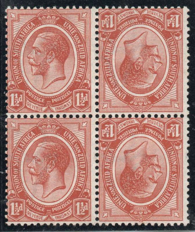 South Africa 1913 Definitive 1½d Tete Beche block of 4 mint no gum. SACC 4b. Cat R160 (2023-25)