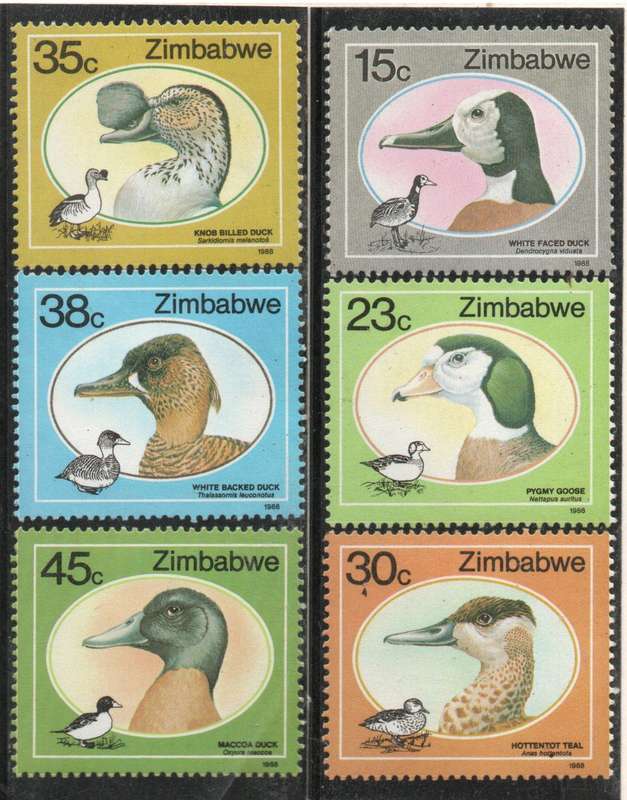 Zimbabwe 1988 Wild Ducks set of 6 lightly mounted mint. SG 740-745. Cat £5,75 (2013)