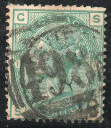 Great Britain 1873-80 QV Definitive 1/- green plate 11 good used. SG 150. Cat £175 (2022)
