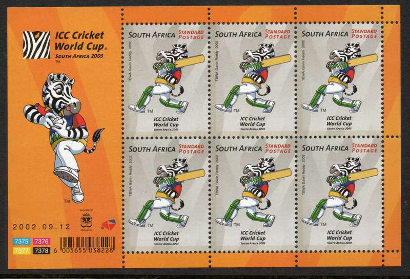 South Africa 2002 World Cup Cricket Batter sheetlet of 6 umm. SACC 1501. Cat R180 (2025)