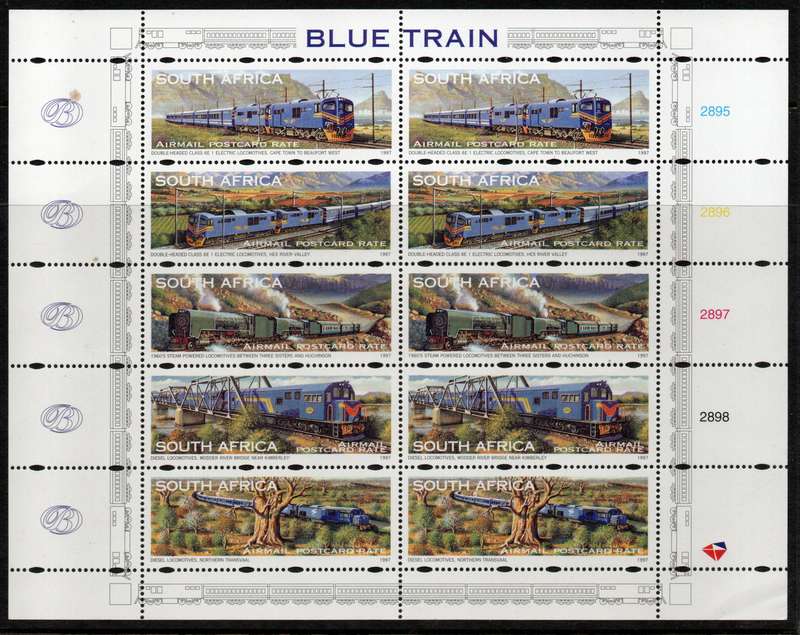 South Africa 1997 Blue Train 2 sets in sheet of 10 umm. SACC 1051-55. Cat R500 (2023-25)
