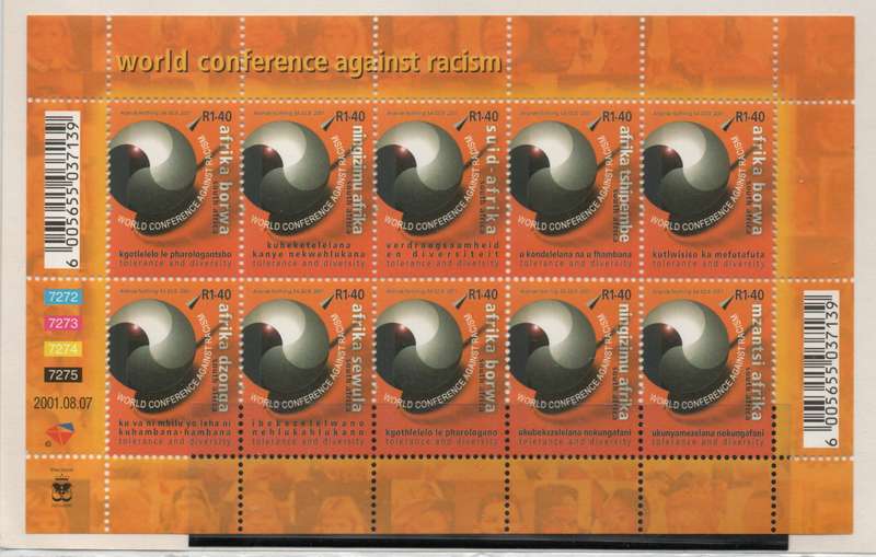 South Africa 2001 World Conference Against Racism sheet of 10 umm. SACC 1422-31. Cat R150