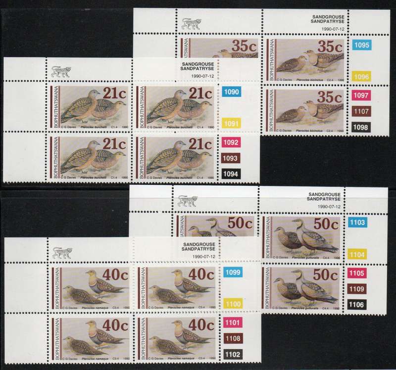 Bophuthatswana 1990 sandgrouse set of 4 in control blocks of 4 umm. SACC 239-242. Cat R260 (2023-25)