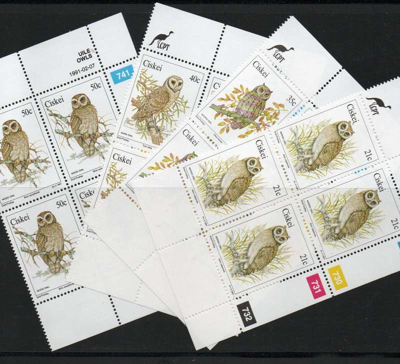 Ciskei 1991 Owls set of 4 in control blocks of 4 unmounted mint. SACC 183-186. Cat R260. (2023-25)