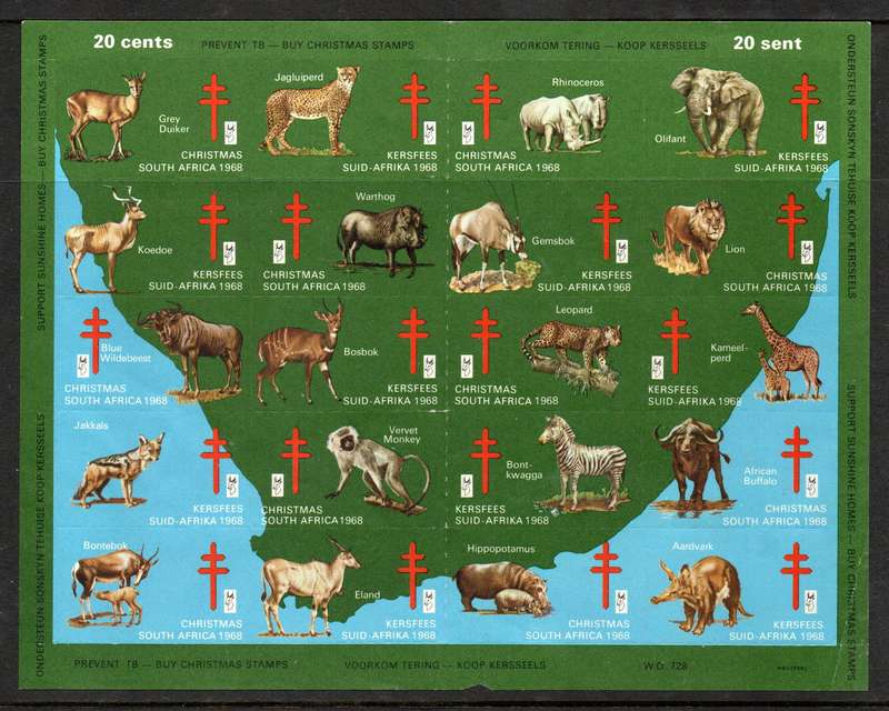 South Africa 1968 Christmas Labels sheet of 20.