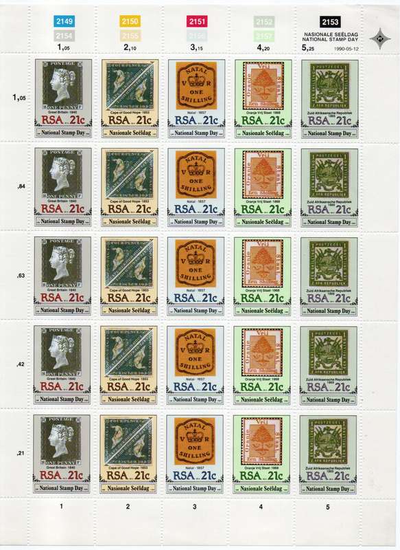 South Africa 1990 National Stamp Day sheetlet of 25 unmounted mint. SACC 722-26. Cat R85 (2023-25)