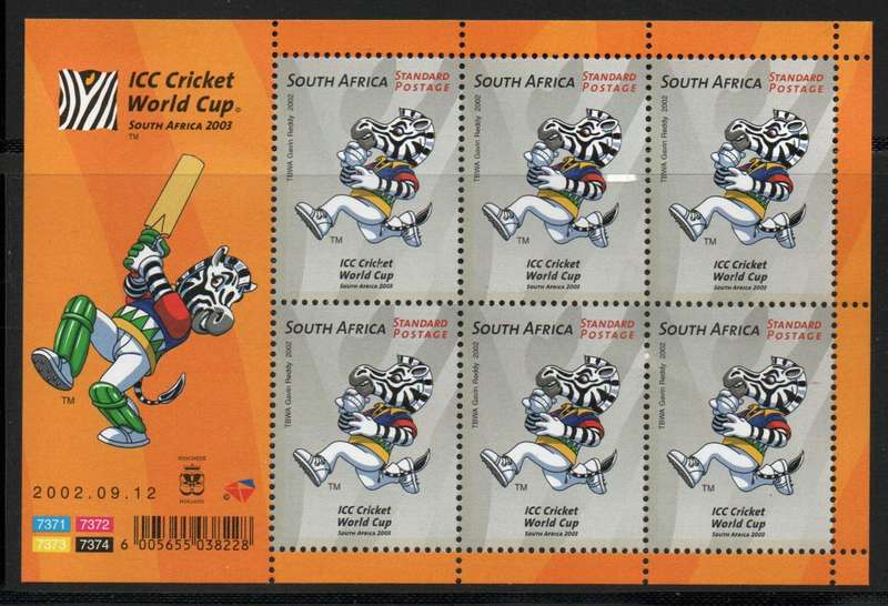 South Africa 2002 World Cup Cricket sheet of 6 umm. SACC 1500. Cat R180 (2023-25)