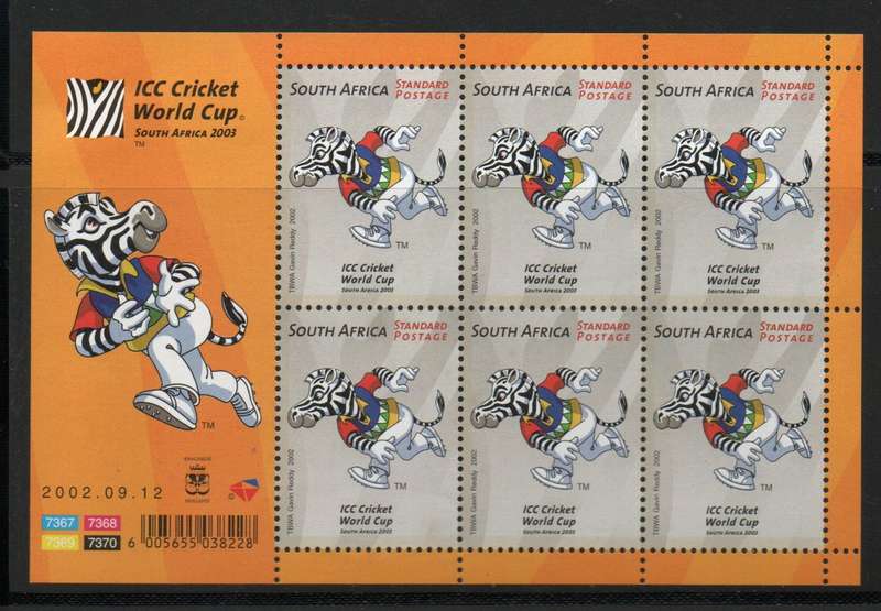 South Africa 2002 World Cup Cricket sheet of 6 umm. SACC 1499. Cat R180 (2023-25)