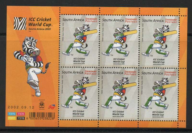 South Africa 2002 World Cup Cricket sheet of 6 umm. SACC 1501. Cat R180 (2023-25)