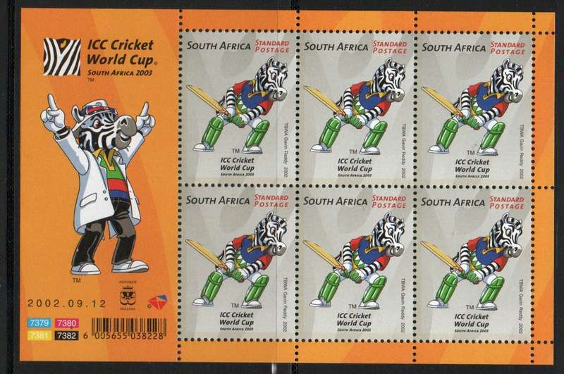 South Africa 2002 World Cup Cricket sheet of 6 umm. SACC 1502. Cat R180 (2023-25)