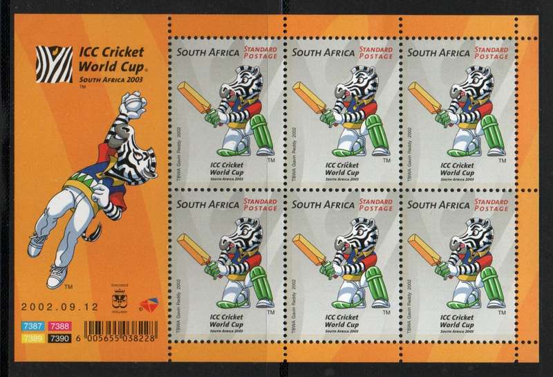 South Africa 2002 World Cup Cricket sheet of 6 umm. SACC 1504. Cat R180 (2023-25)