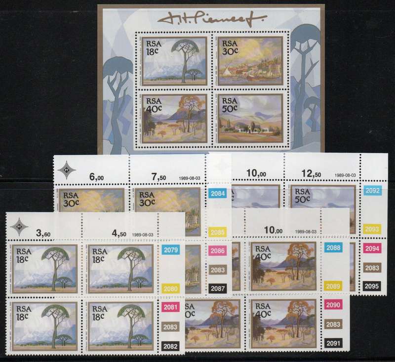 South Africa 1989 Pierneef set of 4 in control blocks of 4 & mini sheet umm. SACC 704-8. Cat R75.
