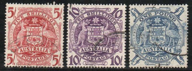 Australia 1948 Definitive 3 high values very fine used. SG 224a-c. Cat £5,30. (2022)