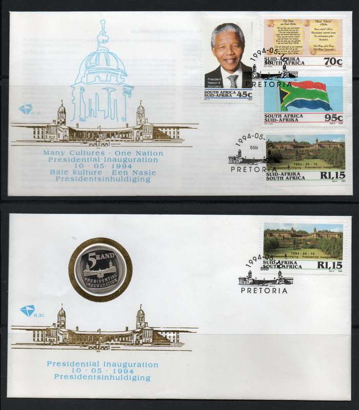 South Africa 1994 Mandela Inauguration FDC's 6.3b & 6.3c with R5 coin. Cat R700 (2023-25)